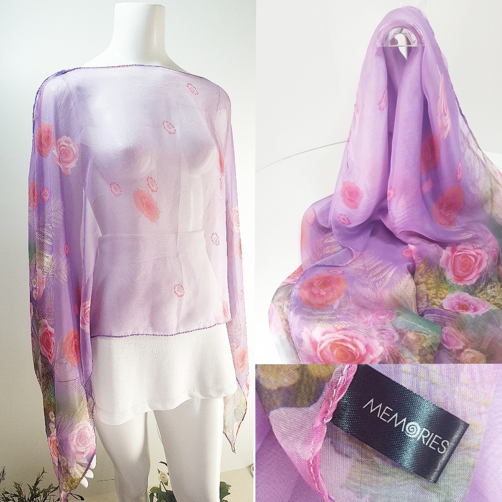 MEMORIES🌹Lilac Boho Floral Chiffon Pullover☆Kimono Top☆Scarf☆Swimsuit Cover Up